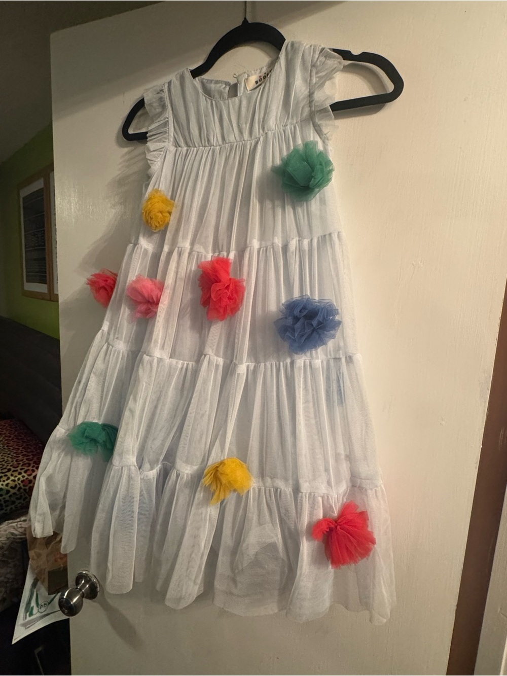 Mini Boden White Tiered Dress with Multicolor Pom Flowers